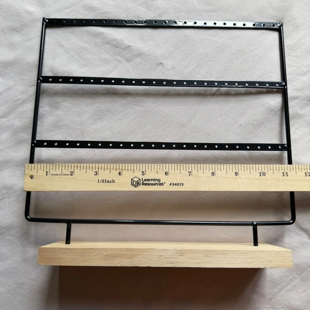 Jewelry Display Set Black Metal Earring Stand Wood Base & Velvet 12 Ring Tray